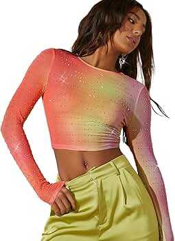 トップス AMOMENTO SHEER VOLUME CROP TOP Honganda Women's Mesh Pearl Crop Top Sexy Long Sleeve